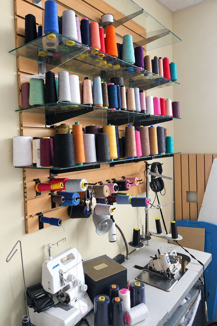 Thread wall and sewing machines at the Arleta shop